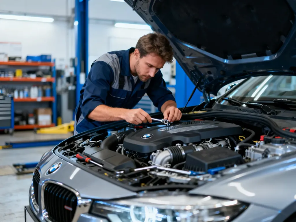 Mechanik wykonuje szczegółowy przegląd silnika samochodowego w profesjonalnym warsztacie.