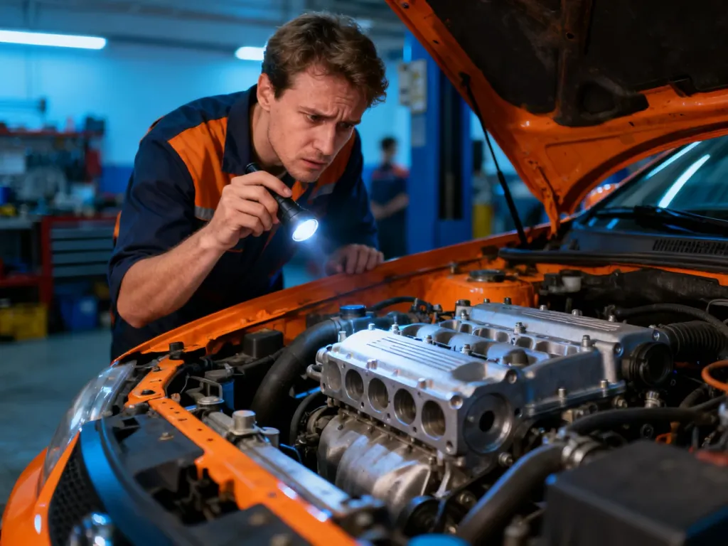 Mechanik z latarką sprawdza silnik samochodu w warsztacie, diagnozując usterkę pod maską pojazdu.