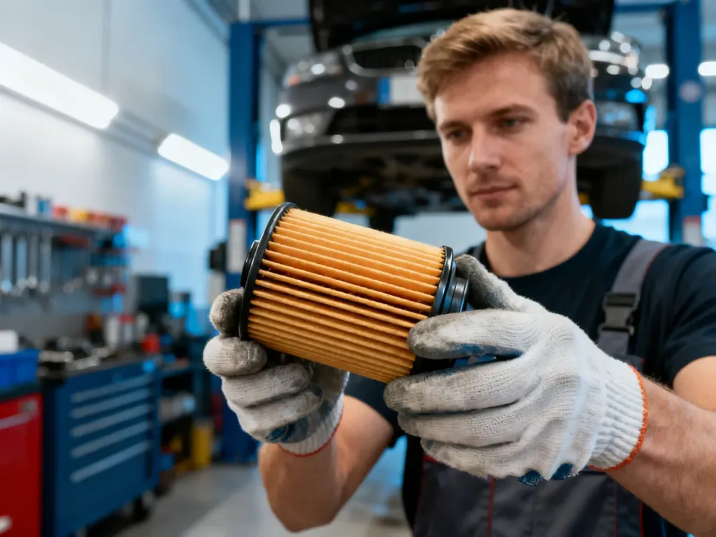 Mechanik w profesjonalnym warsztacie trzyma nowy filtr oleju, przygotowując się do wymiany eksploatacyjnej w samochodzie.