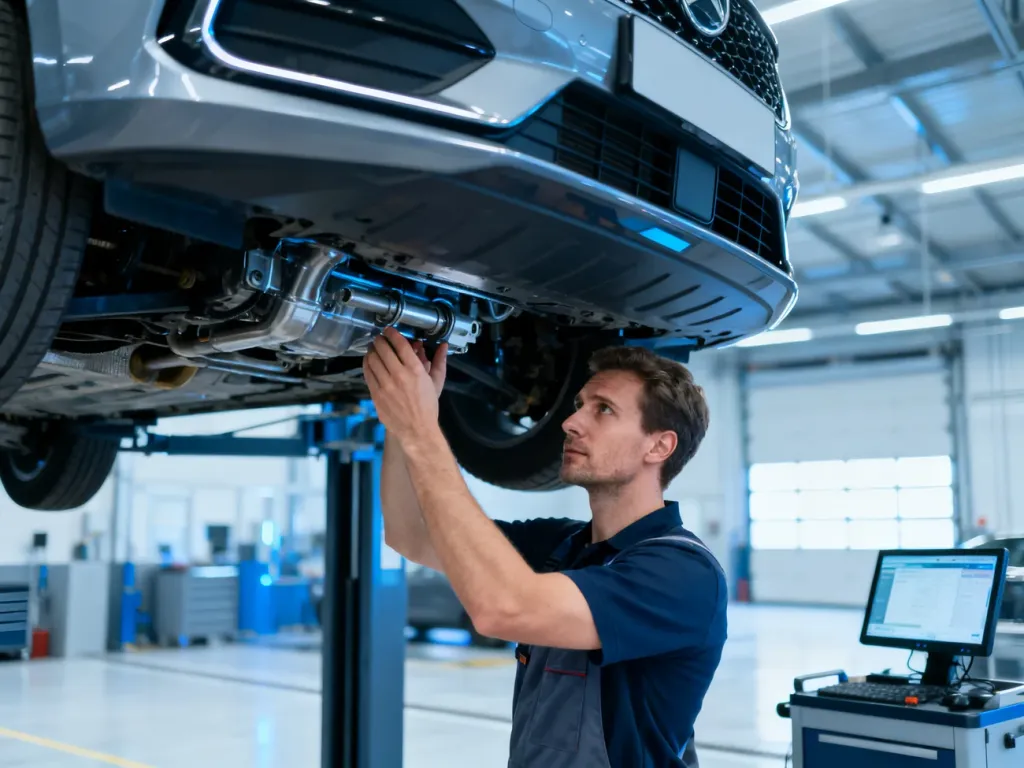 Mechanik dokonujący szczegółowej inspekcji podwozia nowoczesnego samochodu w profesjonalnym warsztacie diagnostycznym.