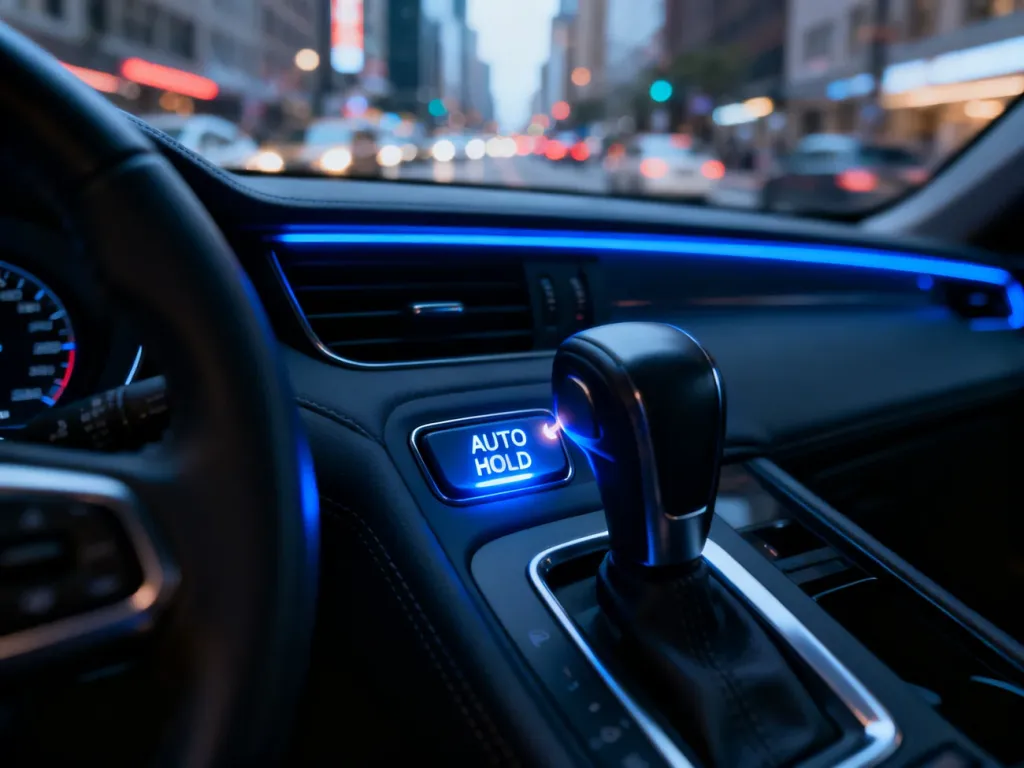 Podświetlony przycisk systemu Auto Hold w nowoczesnym samochodzie, gotowy do aktywacji podczas jazdy w mieście.