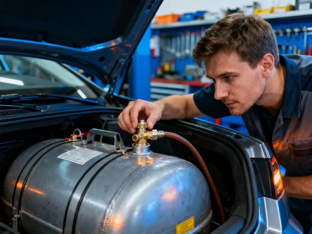 Mechanik dokonuje przeglądu technicznego zbiornika LPG w bagażniku samochodu w profesjonalnym warsztacie.
