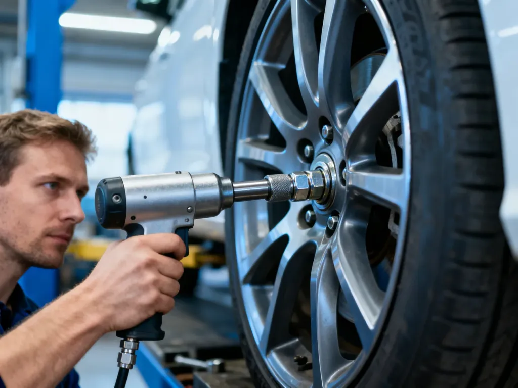 Mechanik dokręca śrubę koła kluczem dynamometrycznym w profesjonalnym warsztacie samochodowym.