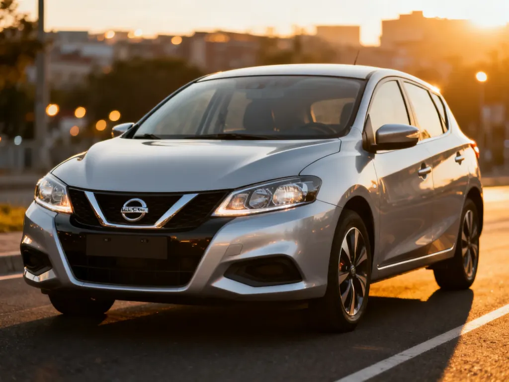 Srebrny Nissan Pulsar zaparkowany na miejskiej ulicy w świetle zachodzącego słońca, podkreślającym jego aerodynamiczną sylwetkę.