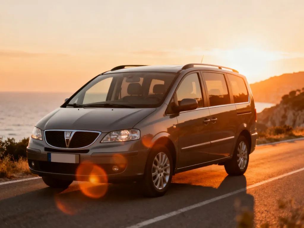 Lancia Voyager zaparkowana na malowniczej nadmorskiej drodze podczas zachodu słońca, podkreślająca przestronność modelu.