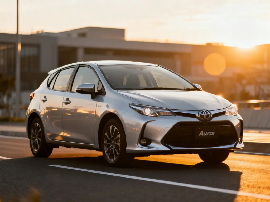 Srebrna Toyota Auris zaparkowana na nowoczesnej drodze w blasku zachodzącego słońca.
