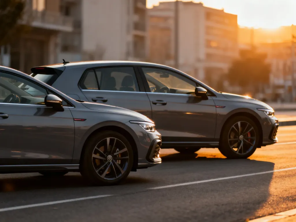 Porównanie profilu bocznego nowoczesnego hatchbacka 3-drzwiowego i 5-drzwiowego zaparkowanych na tle miejskiego krajobrazu.
