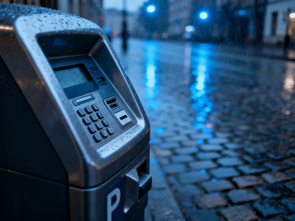 Parkomat przy deszczowej ulicy w Warszawie, nawiązujący do tematyki sprawdzania mandatów za parkowanie.
