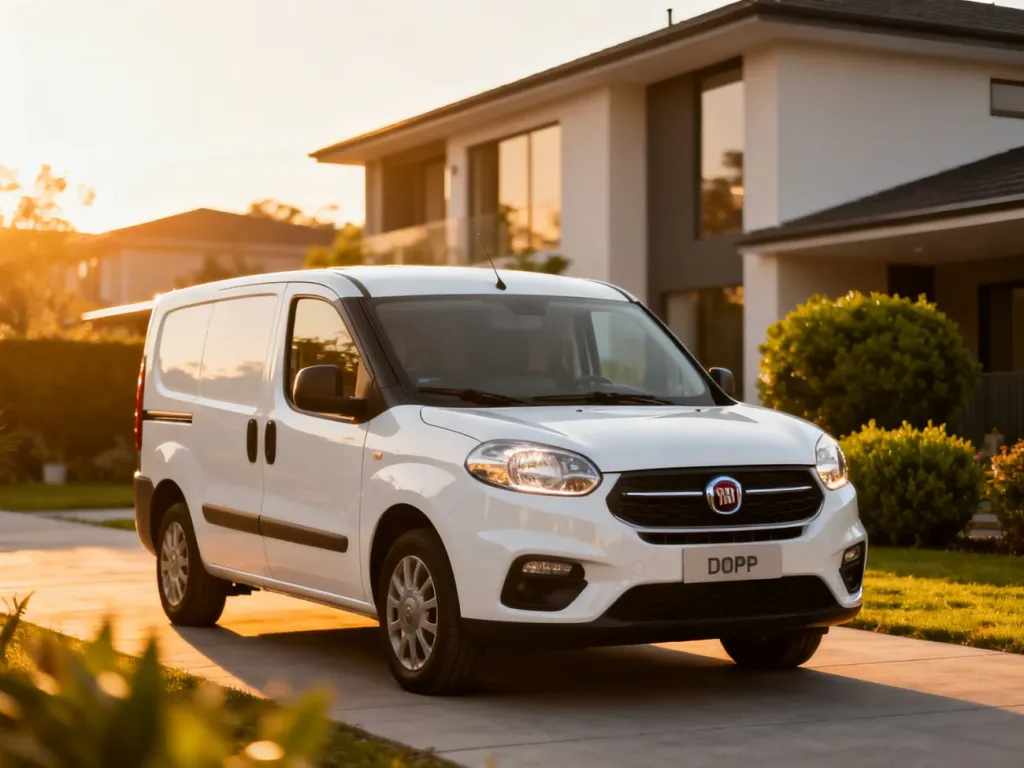 Nowoczesny biały Fiat Doblo zaparkowany na podjeździe przed domem w świetle zachodzącego słońca.