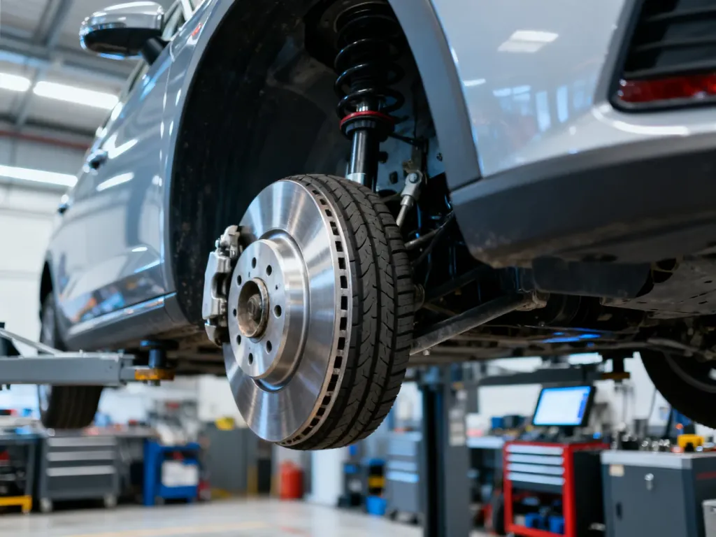 Mechanik dokonuje inspekcji układu hamulcowego i zawieszenia samochodu podczas profesjonalnego przeglądu technicznego.