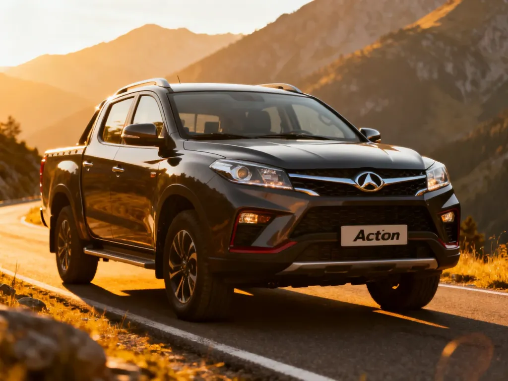 Nowoczesny SsangYong Actyon zaparkowany na malowniczej górskiej drodze w świetle zachodzącego słońca.