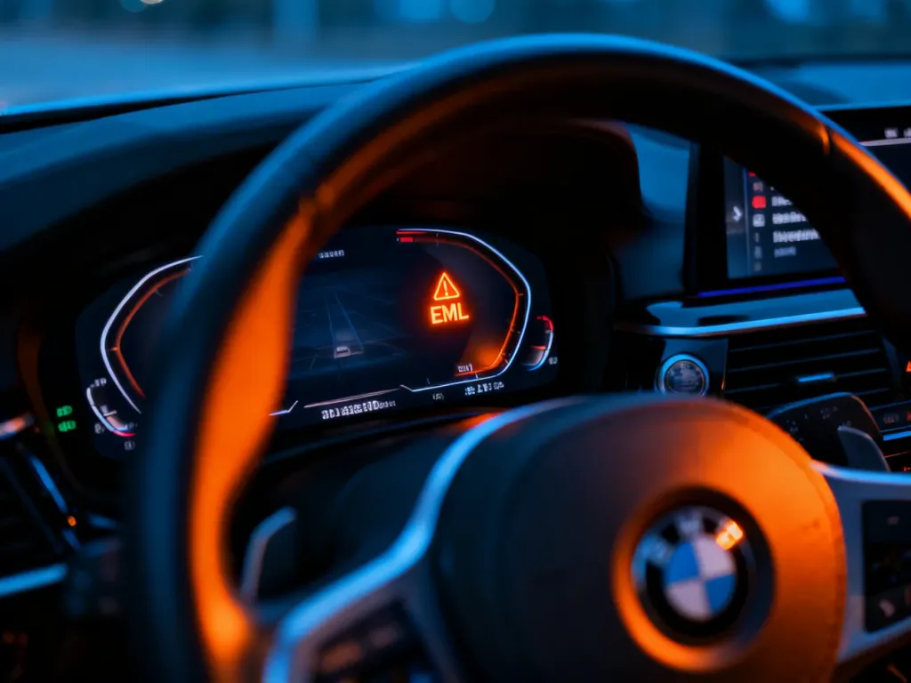 Świecąca kontrolka EML na cyfrowym zestawie wskaźników BMW w ciemnym wnętrzu samochodu.