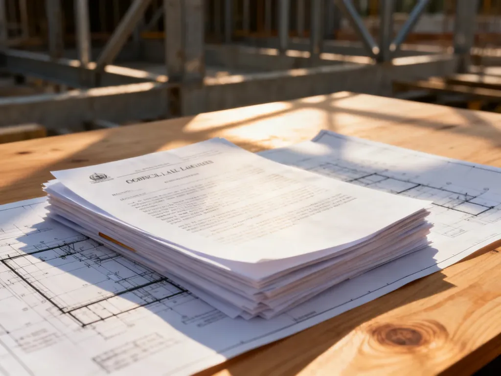 Stos dokumentów prawnych i projektów budowlanych na biurku architekta, z placem budowy w tle.