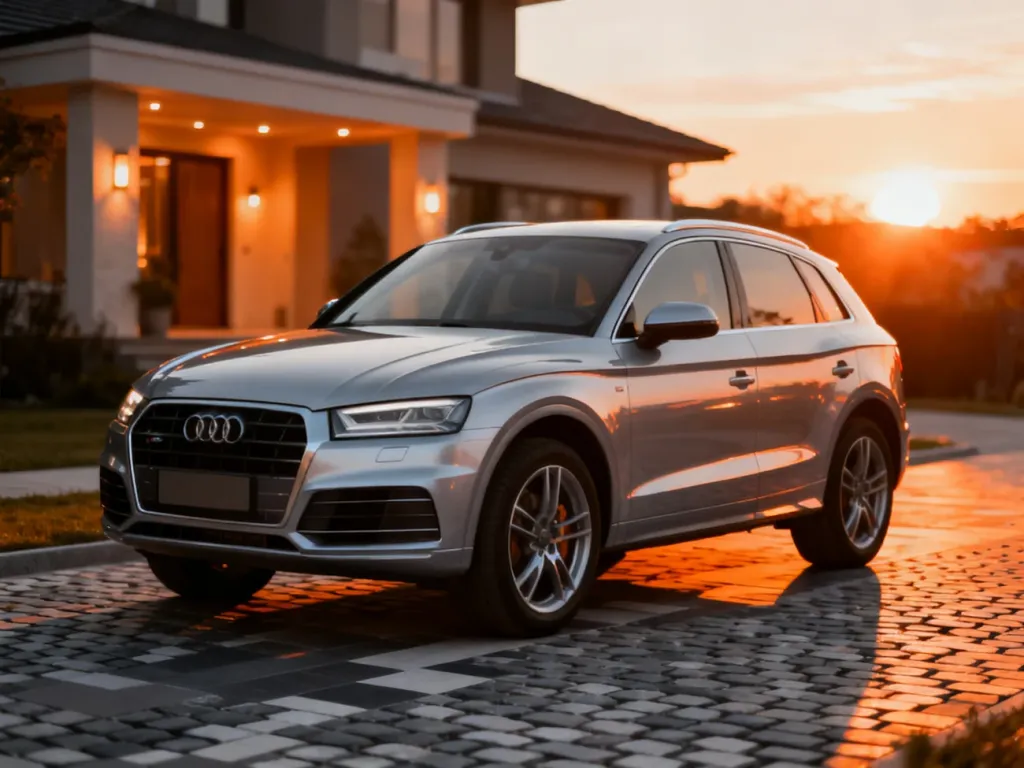 Srebrne Audi Q5 zaparkowane na podjeździe w świetle zachodzącego słońca, prezentujące nienaganny stan używanego pojazdu.