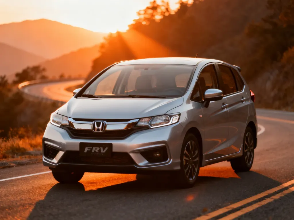 Srebrna Honda FR-V zaparkowana na malowniczej górskiej drodze podczas zachodu słońca.