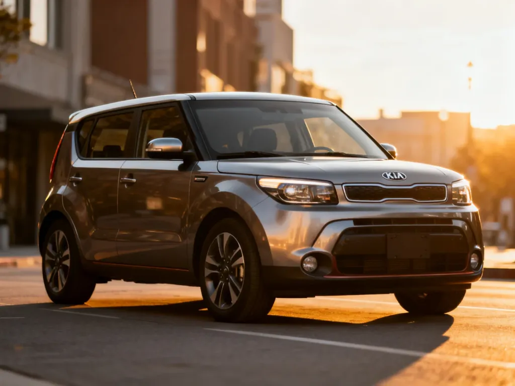 Nowoczesna Kia Soul zaparkowana na miejskiej ulicy w świetle zachodzącego słońca, podkreślającym jej charakterystyczną sylwetkę.