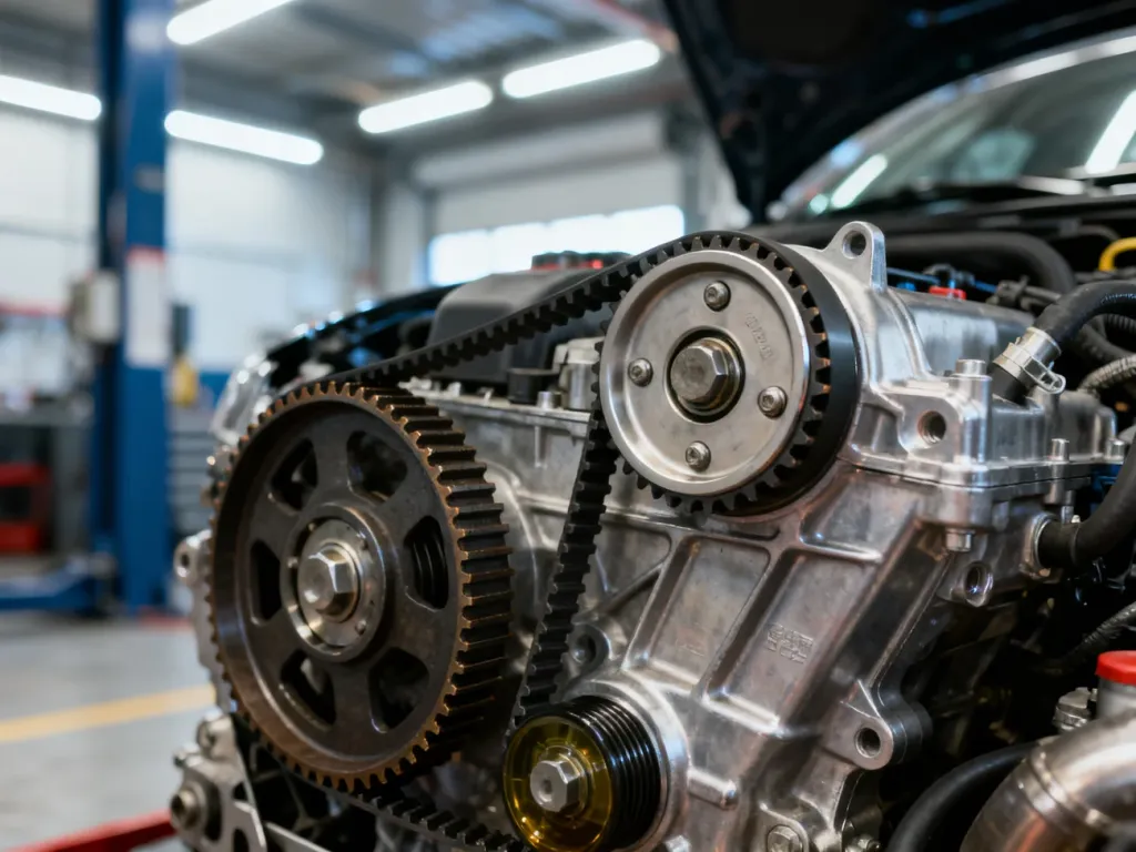 Zbliżenie na pasek rozrządu i mechanizm napędu pompy oleju w silniku 2.0 TDI w profesjonalnym warsztacie samochodowym.