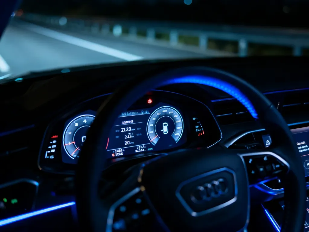Podświetlony licznik Audi A6 C6 w nocy, prezentujący dane o zużyciu paliwa i parametry trasy na wyświetlaczu.