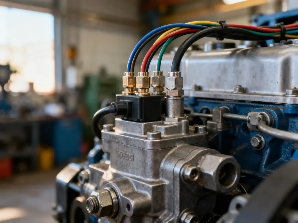 Zbliżenie na punkt podłączenia elektrycznego elektrozaworu w silniku diesla, ukazujące przewody i metalowe złącza.