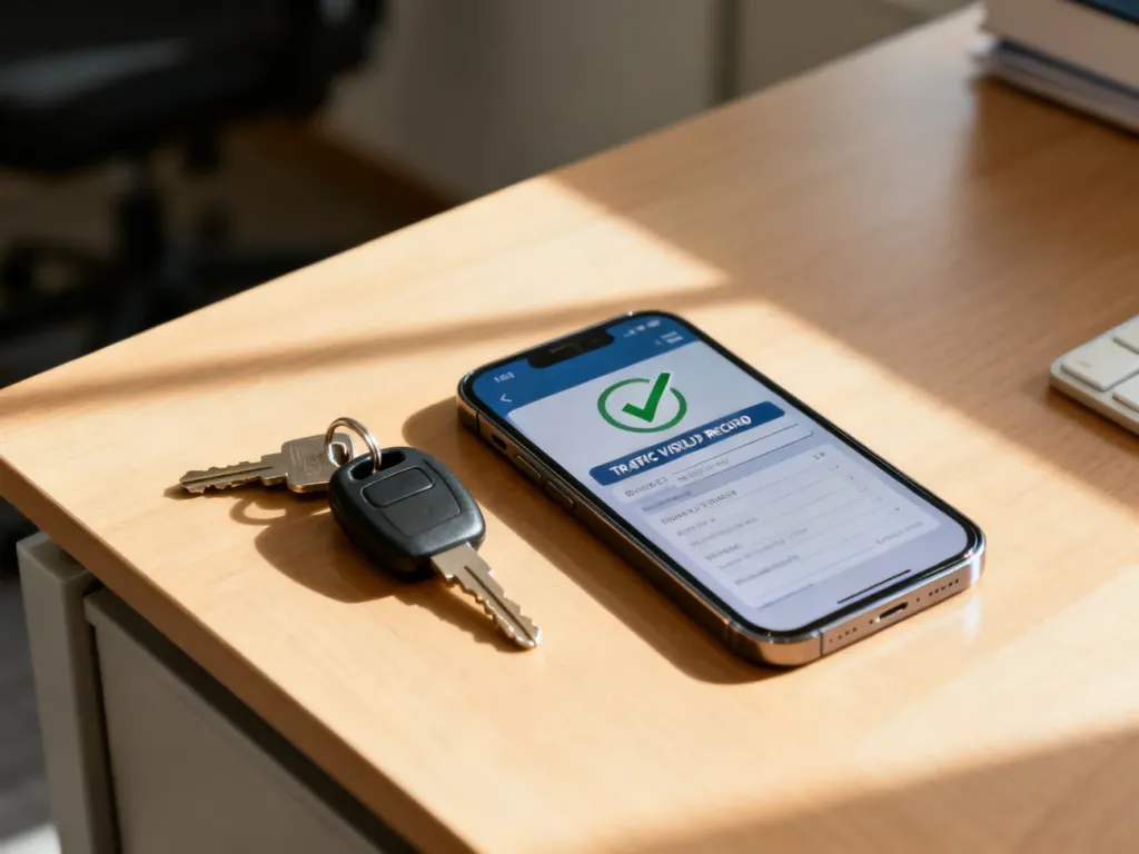 Smartfon z wyświetlonym wynikiem punktów karnych oraz kluczyki do samochodu na drewnianym biurku.