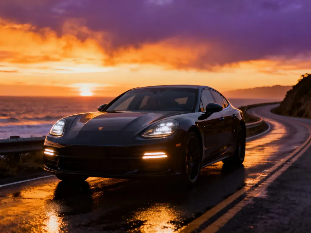 Eleganckie Porsche Panamera zaparkowane na krętej nadmorskiej drodze podczas zachodu słońca.
