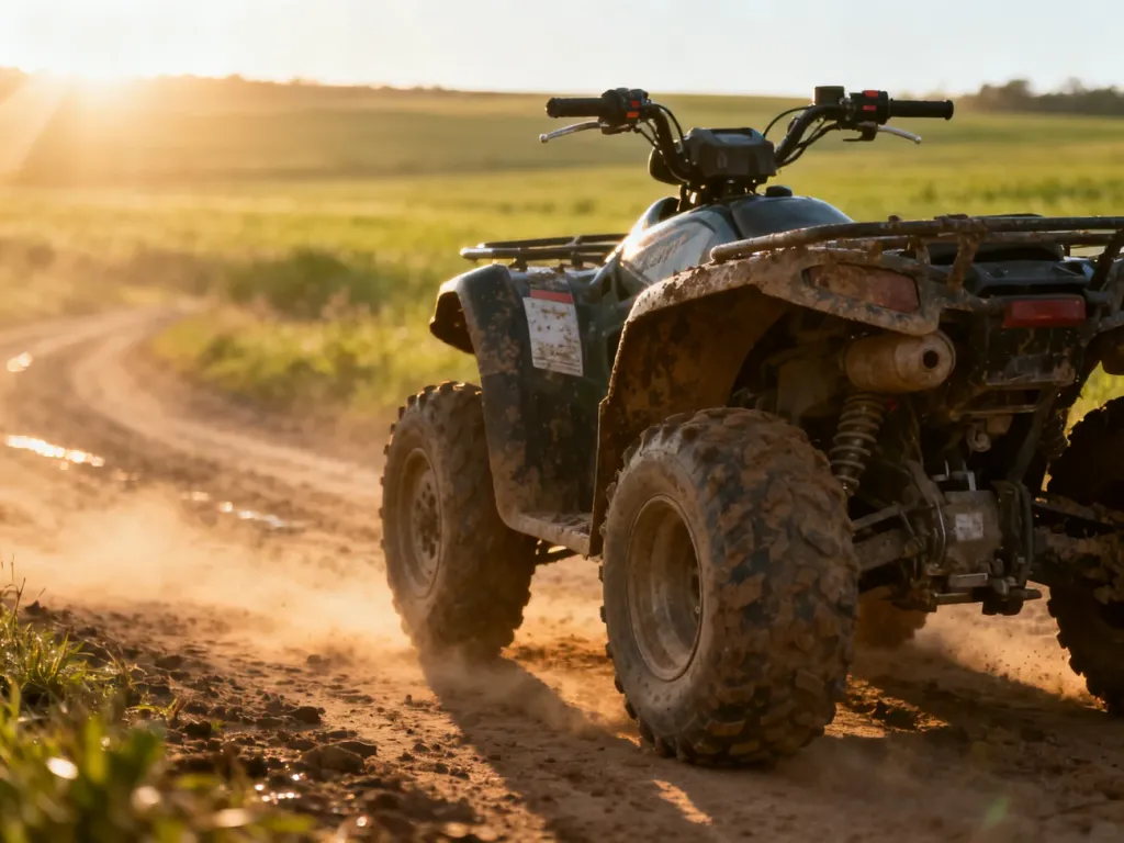 Zabłocony quad terenowy zaparkowany na piaszczystej drodze w wiejskim krajobrazie, gotowy do jazdy w trudnym terenie.