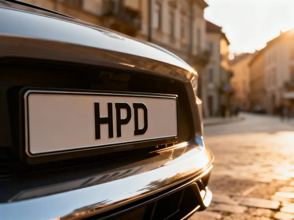 Zbliżenie na tablicę rejestracyjną z wyróżnionym kodem HPD, zamontowaną na nowoczesnym samochodzie.