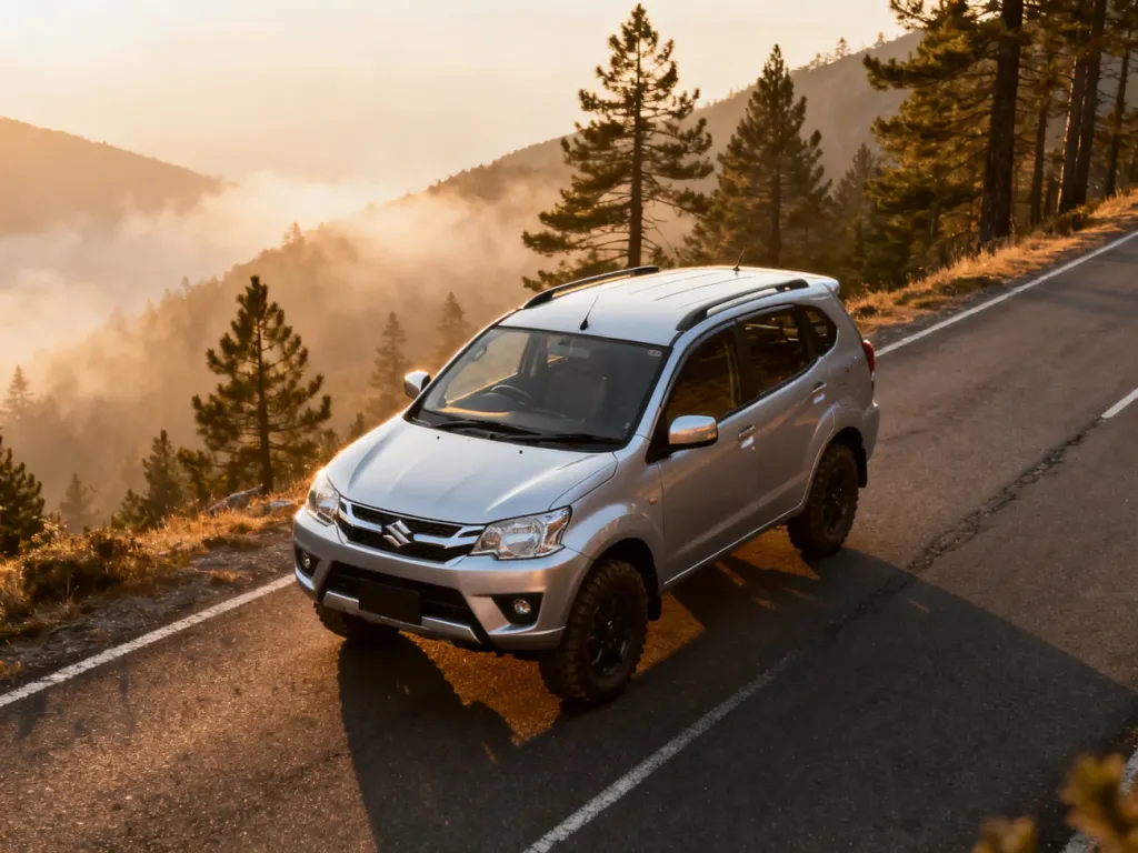 Srebrny Daihatsu Terios zaparkowany na malowniczej górskiej drodze, podkreślający terenowy charakter pojazdu.