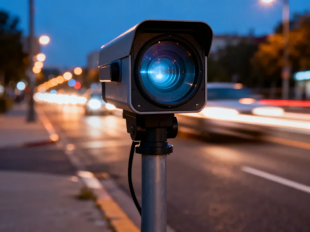 Nowoczesny fotoradar przy miejskiej drodze o zmierzchu, rejestrujący ruch samochodów.