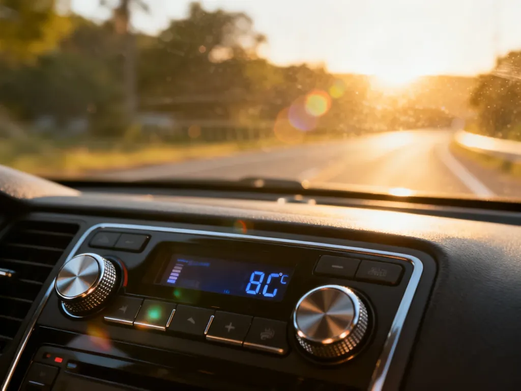 Panel sterowania klimatyzacją w samochodzie z widocznym ustawieniem temperatury na tle słonecznej, letniej drogi.
