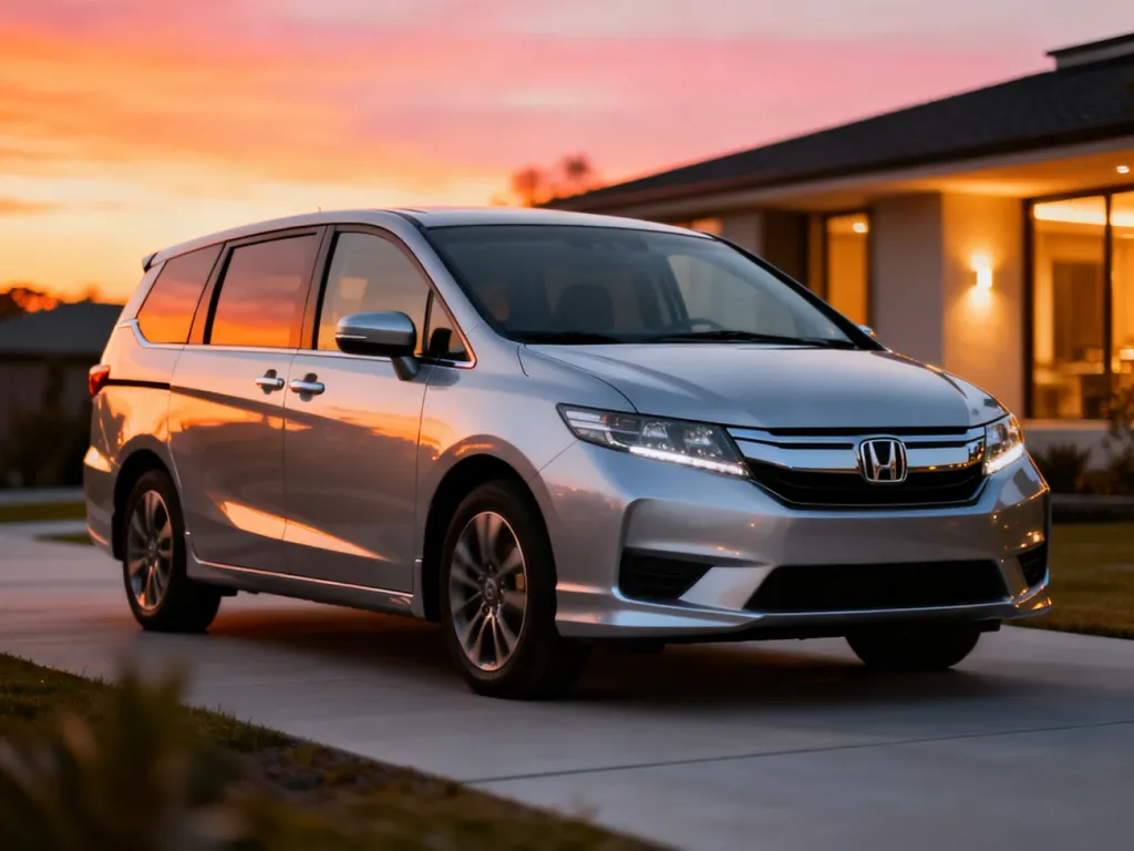 Srebrna Honda Stream zaparkowana na nowoczesnym podjeździe w blasku zachodzącego słońca.