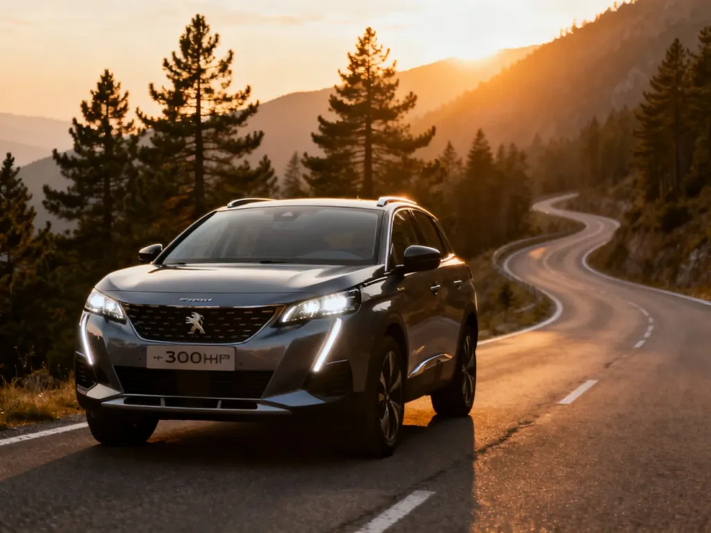 Nowoczesny Peugeot 3008 w wersji hybrydowej zaparkowany na malowniczej górskiej drodze podczas zachodu słońca.