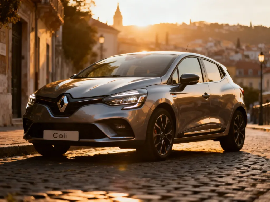 Nowoczesny Renault Clio 4 zaparkowany na klimatycznej, brukowanej uliczce w promieniach zachodzącego słońca.
