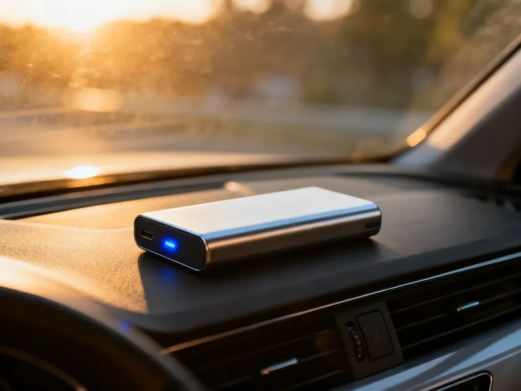Nowoczesny powerbank o dużej pojemności umieszczony na desce rozdzielczej samochodu w promieniach porannego słońca.