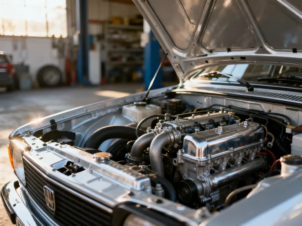 Otwarta maska srebrnego Volkswagena Golfa 4 z widocznym, zadbanym silnikiem 1.6 SR w świetle poranka.