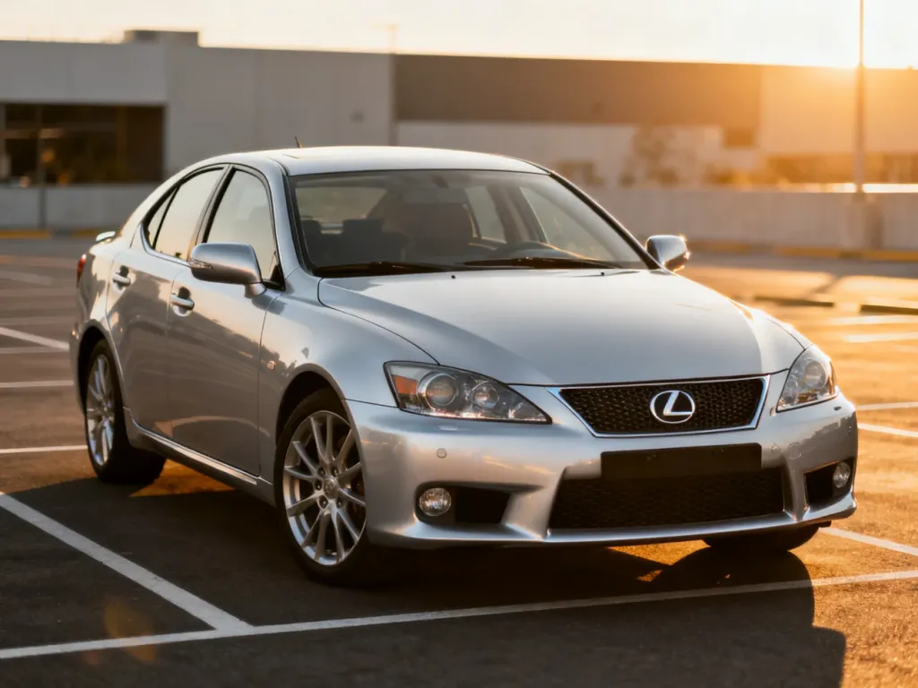 Srebrny Lexus IS200 zaparkowany na parkingu w świetle zachodzącego słońca, podkreślającym jego aerodynamiczną sylwetkę.