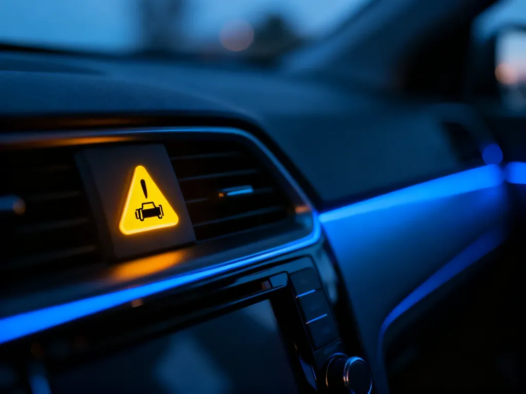 Żółta kontrolka „check engine” świecąca na desce rozdzielczej nowoczesnego samochodu.