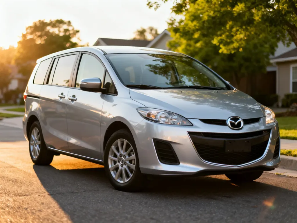 Srebrna Mazda 5 zaparkowana na podjeździe w świetle zachodzącego słońca, prezentująca sylwetkę i przesuwne drzwi modelu.