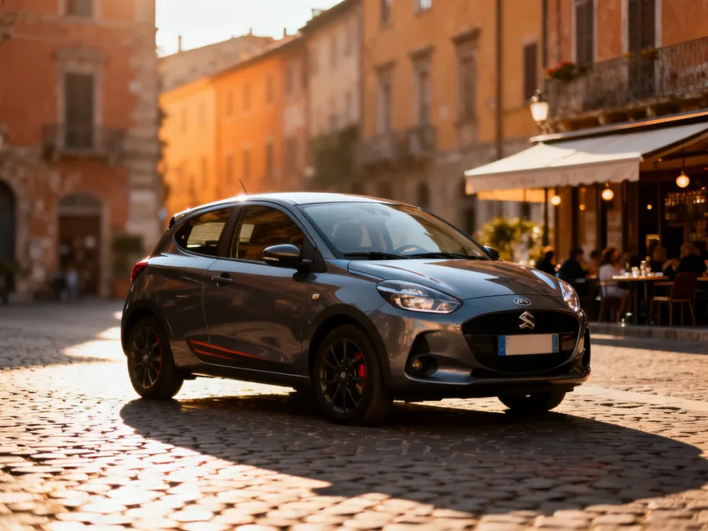 Nowoczesny Citroen C1 zaparkowany na brukowanej uliczce w historycznym centrum europejskiego miasta.