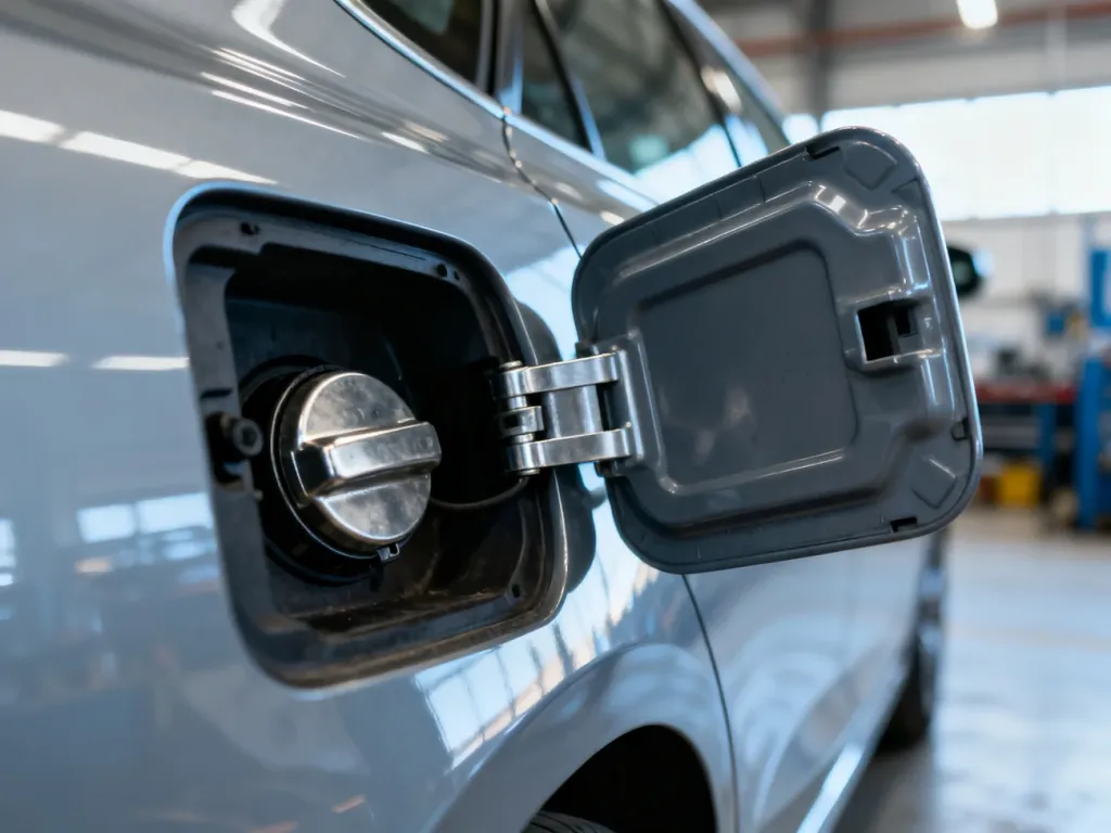 Otwarta klapka wlewu paliwa w nowoczesnym samochodzie Honda Civic z widocznym mechanizmem korka.