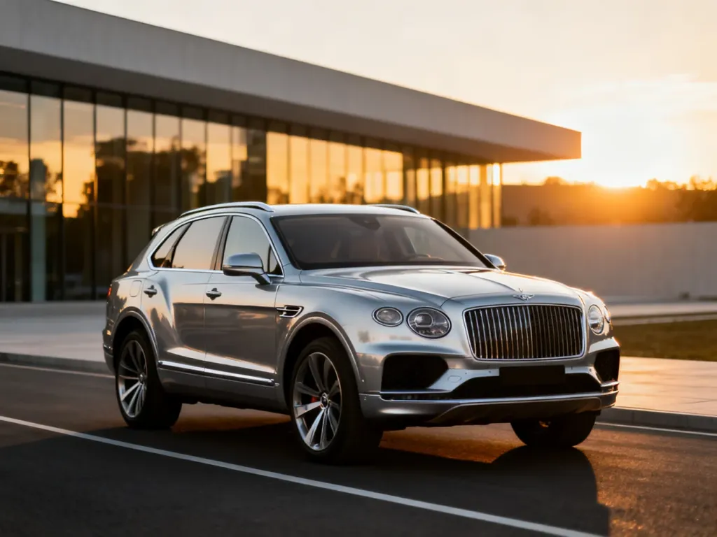 Srebrny Jaguar F-Pace zaparkowany na nowoczesnej drodze w świetle zachodzącego słońca, podkreślającym jego sportową sylwetkę.