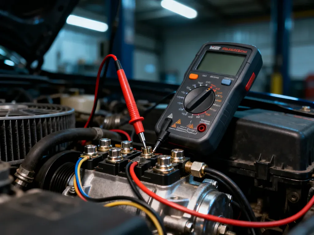 Multimetr cyfrowy mierzący napięcie na złączu elektrycznym sprężarki klimatyzacji samochodowej w warsztacie.