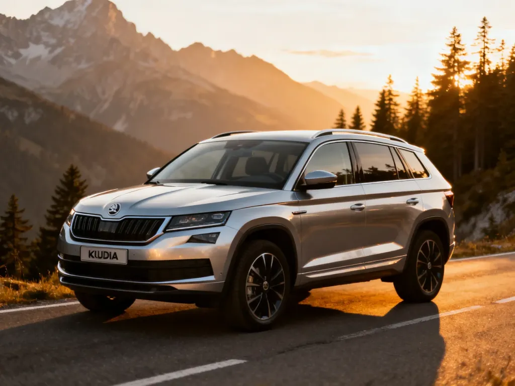 Srebrna Skoda Kodiaq zaparkowana na górskiej drodze w blasku zachodzącego słońca, podkreślająca terenowy charakter auta.