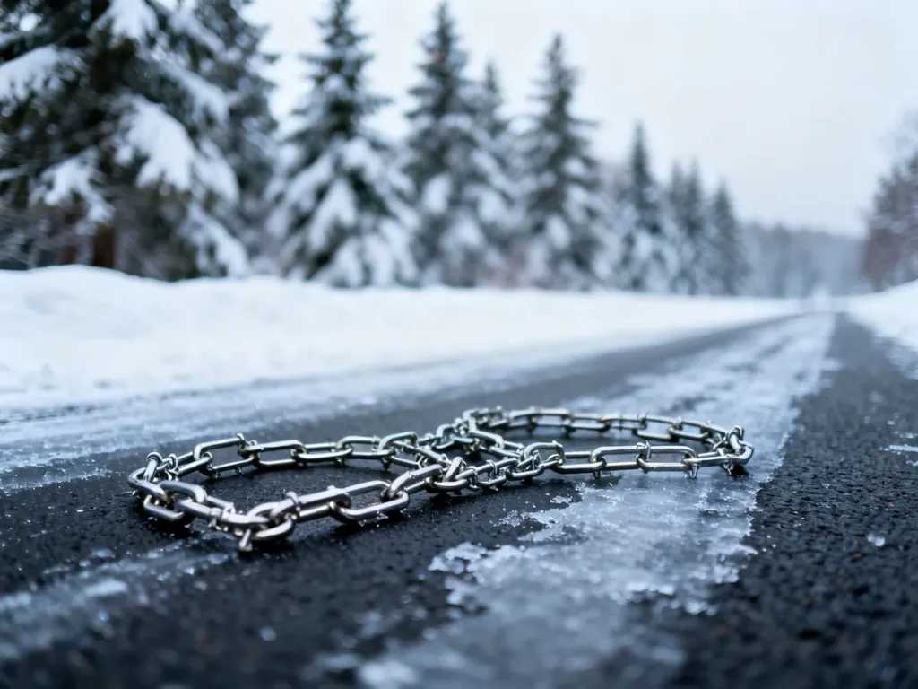 Profesjonalne metalowe łańcuchy śniegowe leżące na oblodzonej drodze w zimowej scenerii.