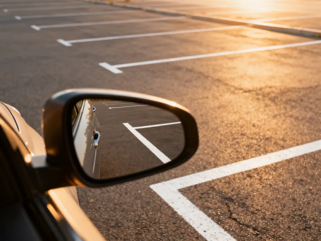 Widok z lusterka bocznego na linie parkingowe podczas precyzyjnego parkowania tyłem na pustym placu.