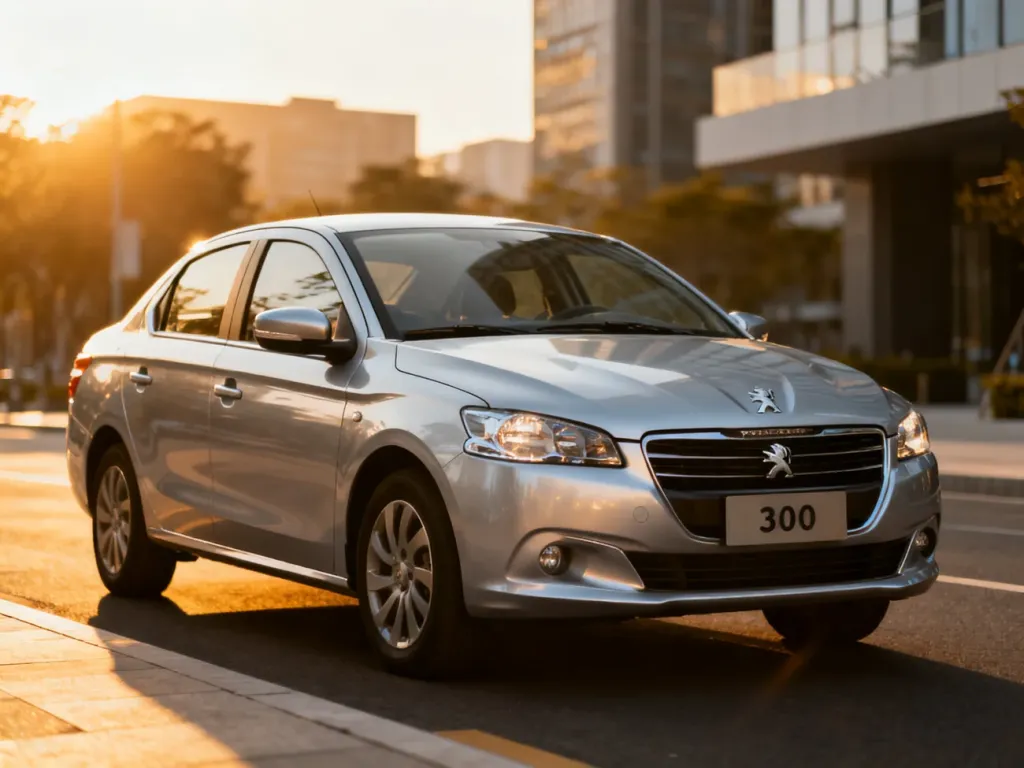 Srebrny Peugeot 301 zaparkowany na nowoczesnej ulicy w blasku zachodzącego słońca, podkreślającym linię nadwozia.
