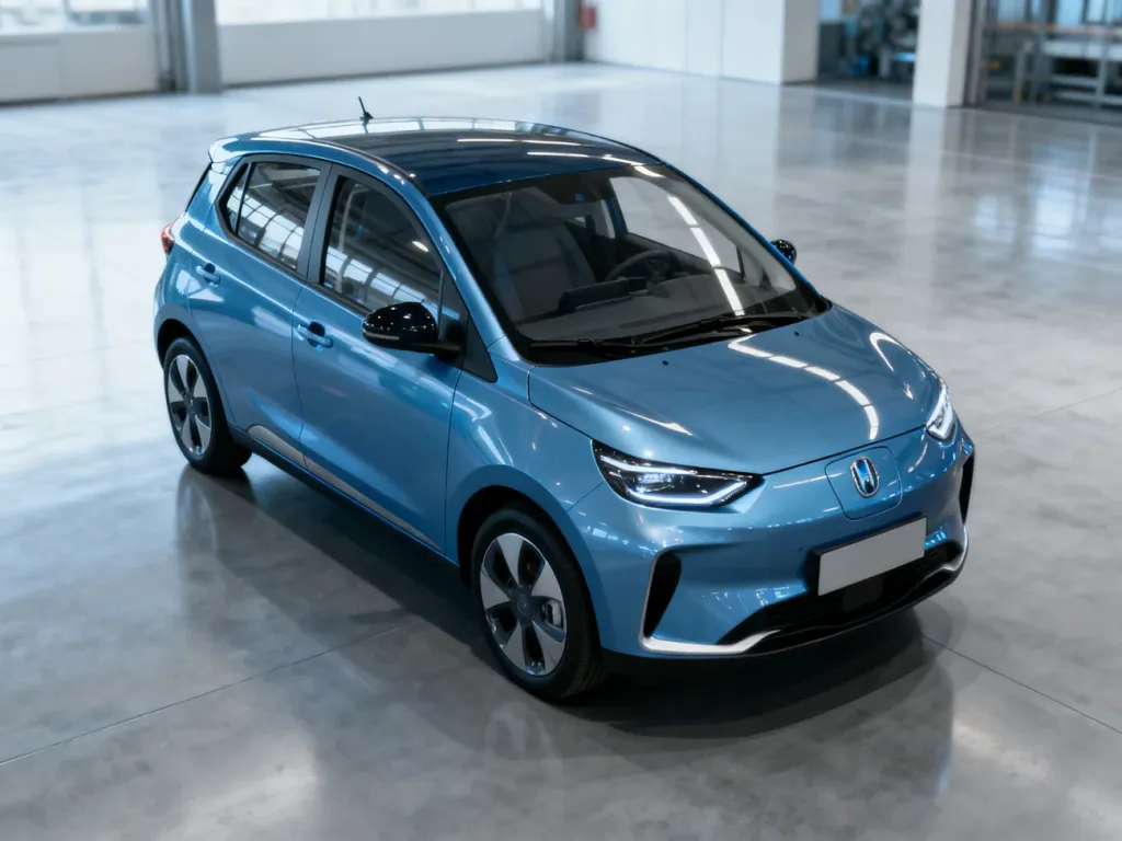 Nowoczesny, kompaktowy samochód elektryczny zaparkowany w minimalistycznym salonie sprzedaży.