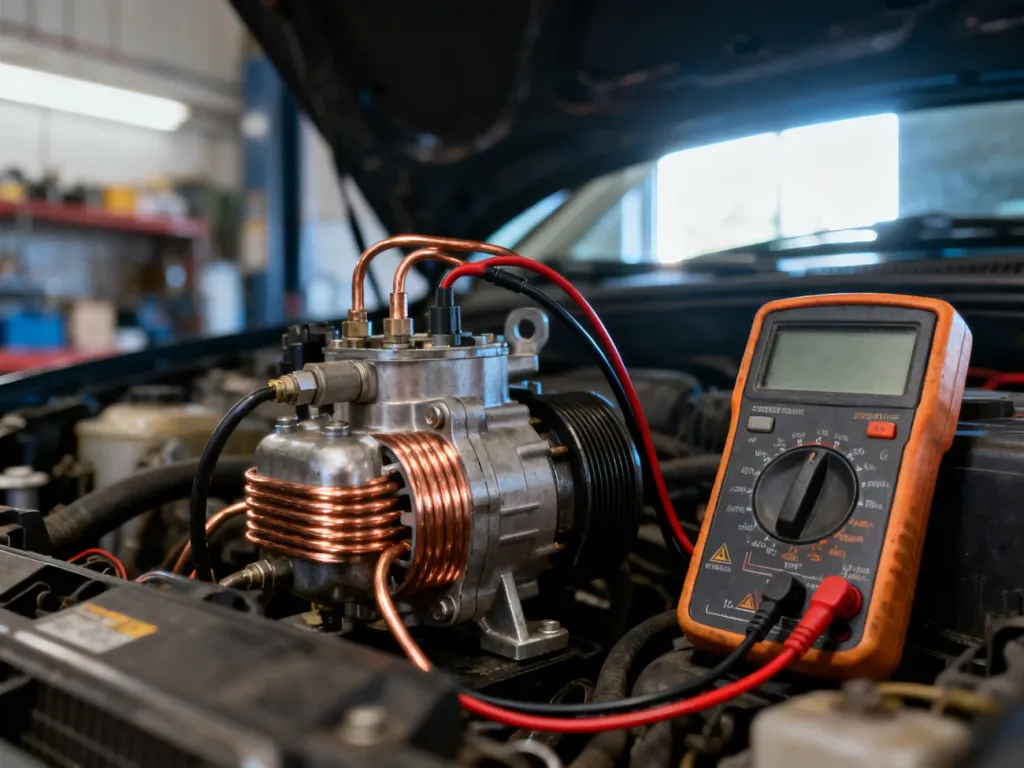 Multimetr podłączony do cewki sprzęgła sprężarki klimatyzacji podczas diagnostyki elektrycznej w warsztacie samochodowym.